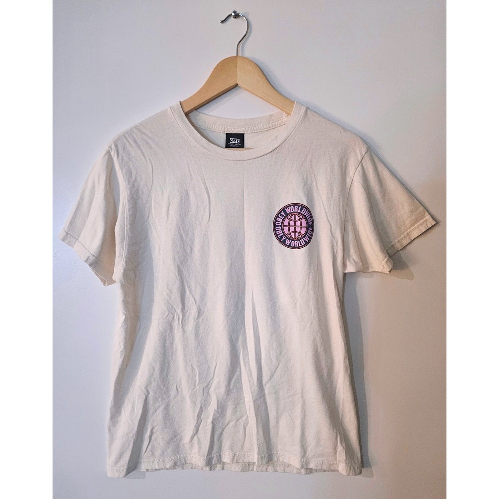 Obey Worldwide Globe Logo Graphic T-Shirt Off White Men's M Streetwear Skate